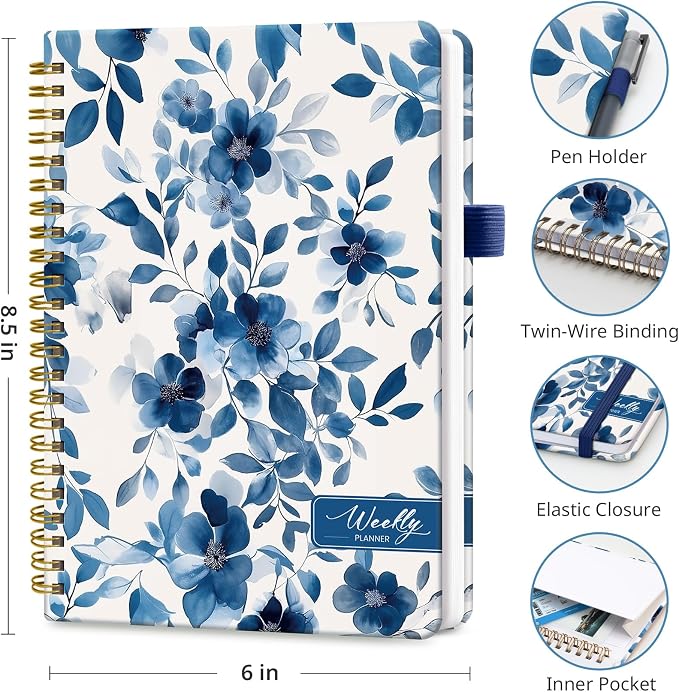 Taja Undated Weekly Planner, Weekly To Do List Notebook with Goal & Habit Tracker Organizer, A5 Weekly Planner Notebook with Spiral Binding, 6.1" x 8.2" - Blue Blossom