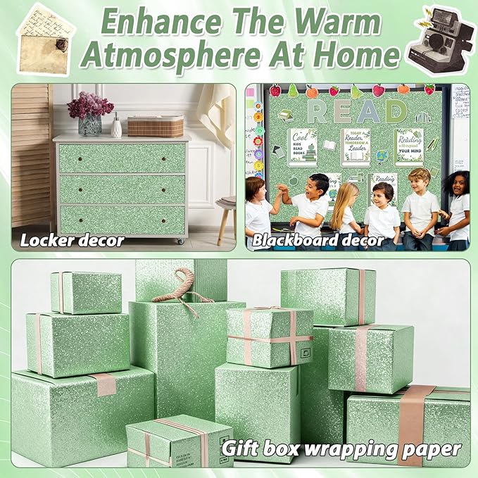 Glitter Bulletin Board Paper Roll Sparkle Wrapping Paper Bulletin Board Decor Glitter Poster Gift Wrapping DIY Art Crafts Wallpaper Background for Home Office Classroom Decor 17" x 20ft, Emerald Green