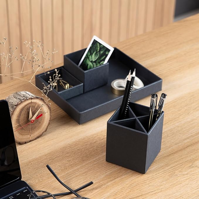Bigso Box of Sweden Desk Storage Organiser for Stationery - Pen Holder with 4 Compartments for Various Office Items - Fibreboard and Paper Stationery Storage - Dark Grey