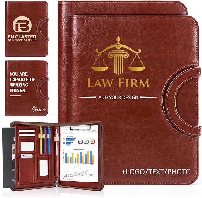 ENOMY Personalized Padfolio with Handle & Zipper Custom Portfolio with Logo/Text/Photo Durable Leather Portfolio for Men & Women Work Interviews Office Gifts (Brown)