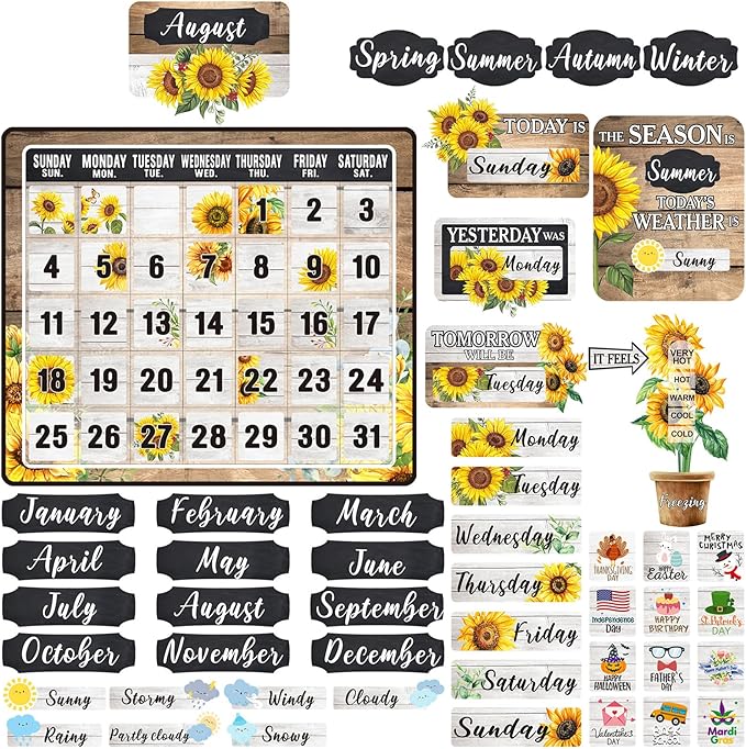 Cholemy 85 Pcs Calendar Bulletin Board Set Classroom Calendar Bulletin Board with Numbers Month Weather Classroom Decoration Wall Decor for Chalkboard Back to School Supplies(Sunflower)