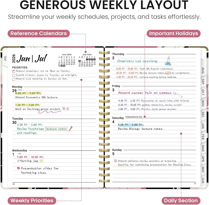 Planner 2026–2027, Academic Year Monthly & Weekly Calendar Book, Jul 2026–Jun 2027, Hardcover Organizer with Tabs, Student & Teacher Planner, 6.3" x 8.5", Velvet Poppies