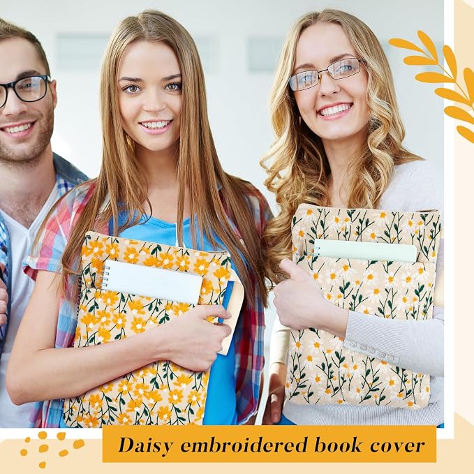 2 Pcs 12''x9'' Embroidered Daisy Book Sleeve with Handle Zipper for Book Lovers Washable Fabric Flower Sleeve Pouch for Paperbacks Hardcover, Christmas Gift for Reader Teacher Women Girls