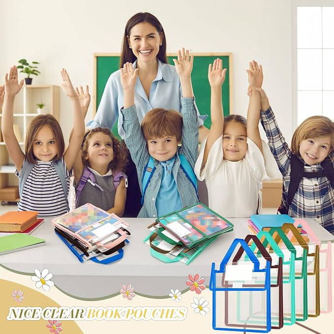 Teling 12 Pack Thick Clear Book Pouches with Blank Name Tags and Handles Book Baggies Bags Bins Organizer for School Classroom Library Pockets Students (10 x 12 Inch,Multi Color)