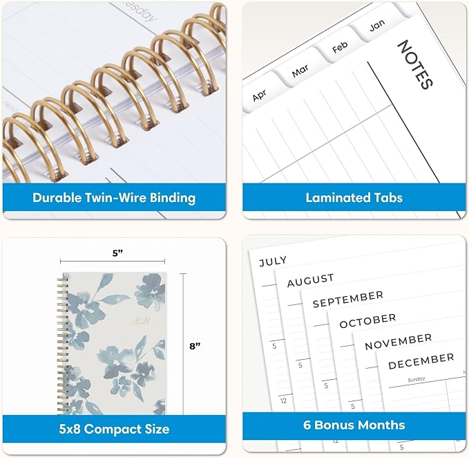 Blue Sky 2027 Weekly and Monthly Planner Calendar, January 2027 - December 2027, 5" x 8", Flexible Frosted Cover, Laminated Tabs, Durable Twin Wire Binding, Bakah Blue