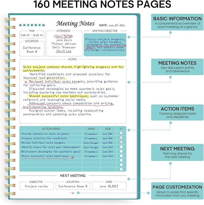 6 Pack of Meeting Notebook for Work Organization - Work Planner Notebook with Action Items, Agenda Planner for Note Taking, 160 Pages (6.9" X 9.9") Project Organizer for Men & Women - Blue