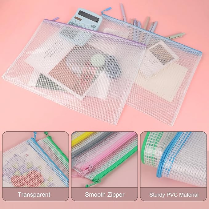 MultiBey 10 Pack 10 Colors Mesh Zipper Pouch Bags, A3-16.5 x 11.4 Inch Extra Large Mesh Document Bags Waterproof Zipper File Pouch Pouch for Office Supples, Puzzles & Games Organizing Storage