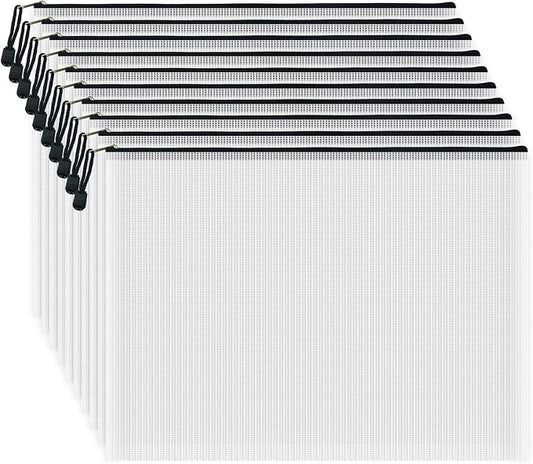 10 Pcs Zipper File Bags, Waterproof Plastic Mesh Pouch for Office School, Board Game Storage Bags (A3 Size 16.9''x12'', White and Black)