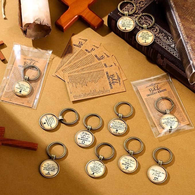 Junkin 25 Set Christian Keychain Gift Bulk for Men Fathers Day Church Bible Emergency Numbers Bookmark Bible Verse Keychain for Men Women Father Friends Coworkers (Vintage)