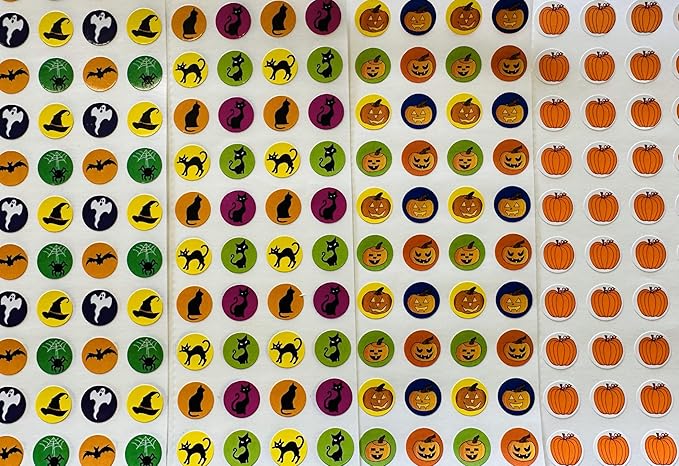 1152 Pcs Halloween Incentive Sticker Set 3/8in Diameter Self-Adhesive Cute Multicolor Stickers Trick Treat Holiday Spooky Crafts Decorations Reward Behavior Chart Teacher Classroom Supplies USA Made