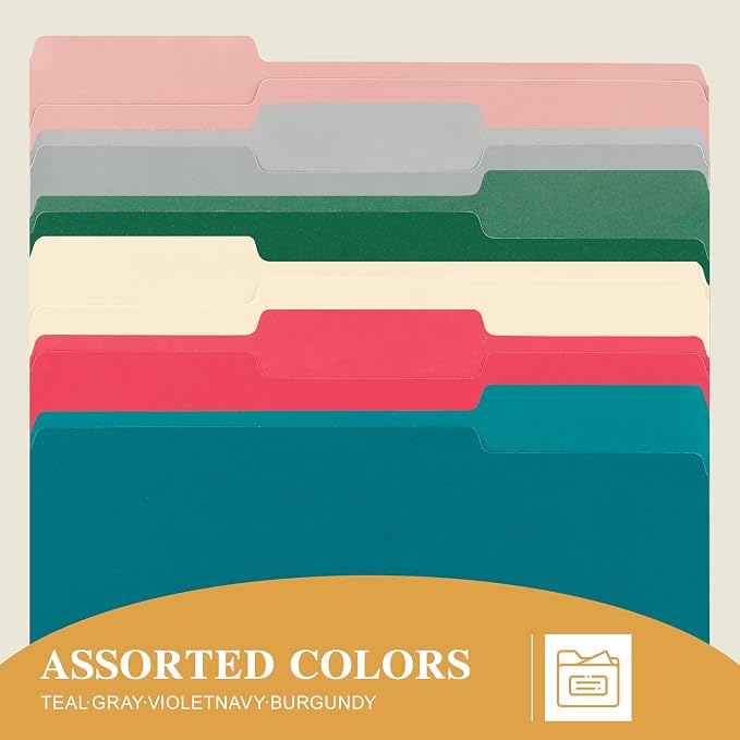 Color File Folders, 1/3-Cut Tabs, 120 Pack File Folder Letter Size, 6 Colors Organizer File Folders for School Home Office Business