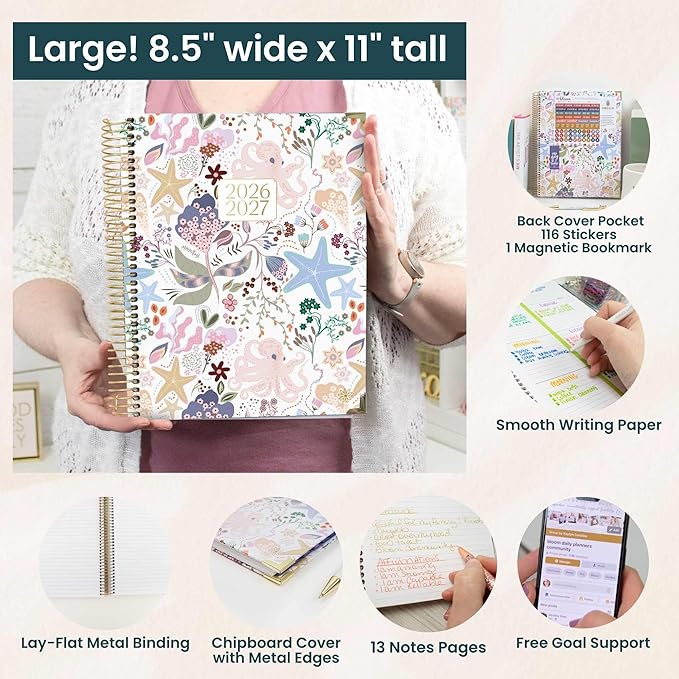 bloom daily planners HARDCOVER Planner 2026-2027 (8.5" x 11") Academic Year (July 2026 - July 2027) - 13 Months Task Goal Planner for Women - Monthly & Weekly Agenda Book - Seaside Whimsy