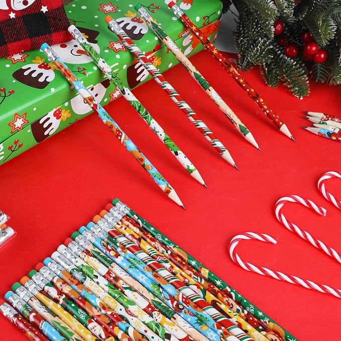 DIYASY 100 Pcs Christmas Pencils for Kids, Holiday Pencils Bulk with Erasers Xmas Wood Pencil Party Favor Supplies Classroom Rewards Prizes Stationery Decorations 10 Styles