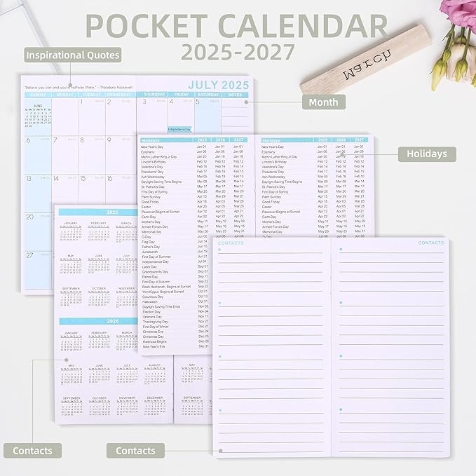 3 Pack 2025-2027 Pocket Monthly Planner 2 Year Small Size Mini Pocket planner Academic Planner With Daily Quotes Hardcover Agenda Book Perfect Organizer for Purse,Planning, Organizing, and Office Use