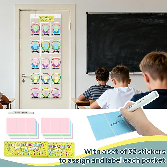 [2-Pack] Classroom Headphone Storage Organizer - 30 Pockets Over The Door Hanging Chart | Durable Headset Holder for Teachers | Clear PVC Pockets | School Supplies & Cell Phone/Calculator Storage
