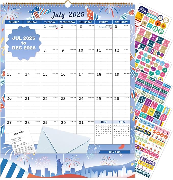 Ospelelf Wall Calendar 2025-2026 Monthly Large Planner with Storage Pocket Protective Cover and Sticker for Family Fridge Office Teacher Student 17" X 22" Season