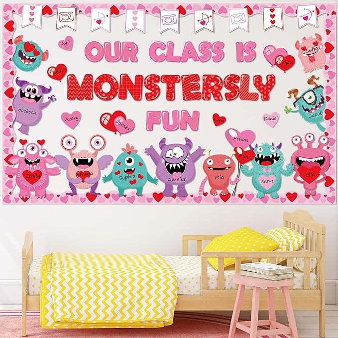 gisgfim Valentine's Day Monster Bulletin Board Set Decorations Valentines Classroom Decor Love Heart Monster Cutouts for School Home Chalkboard Wall Door Party Supply (Our Class is Monstersly Fun)