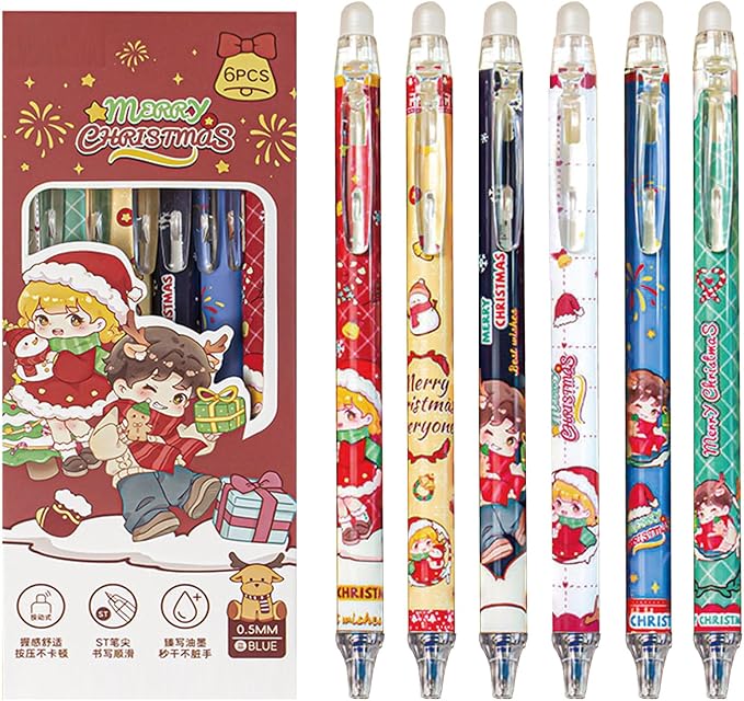 MOZXIRZ 6 Pcs Cute Christmas Erasable Pens Retractable Erasable Gel Ink Pen Cartoon Xmad Pens 0.5mm Blue Ink Pen Writing Pen Office School Pens Women Girls Boys (Blue Ink-Christmas)