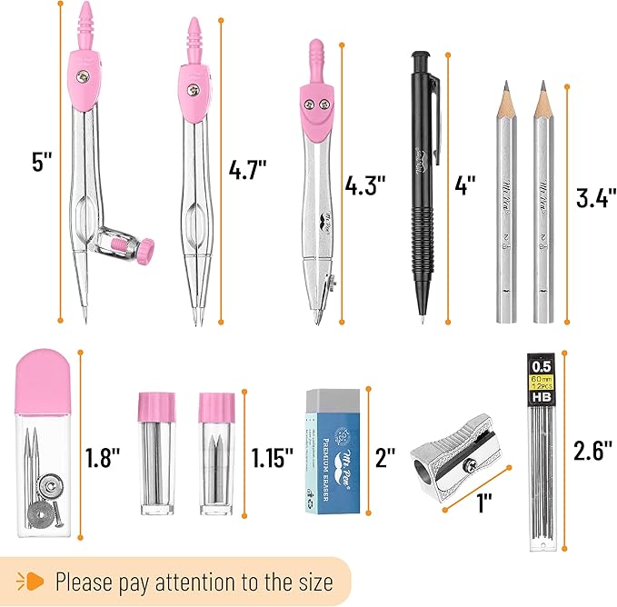 Mr. Pen- Geometry Set, 15 pcs, Pink, 6 Inch Swing Arm Protractor, Divider, Set Squares, Ruler, Compasses and Protractor
