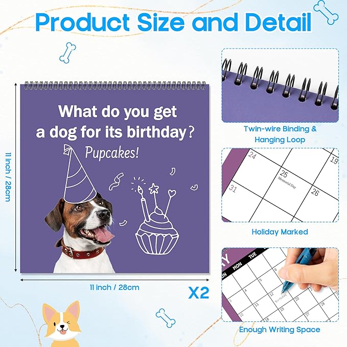 JAPBOR Funny Dog Joke Pun Calendar - 2PCS 2026 Dogs Themed Wall Calendar, 12 Months Hanging Planner with Thick Paper, Animals Weekly Monthly Home Office Organizer for New Year Christmas Gifts (11" x 11")