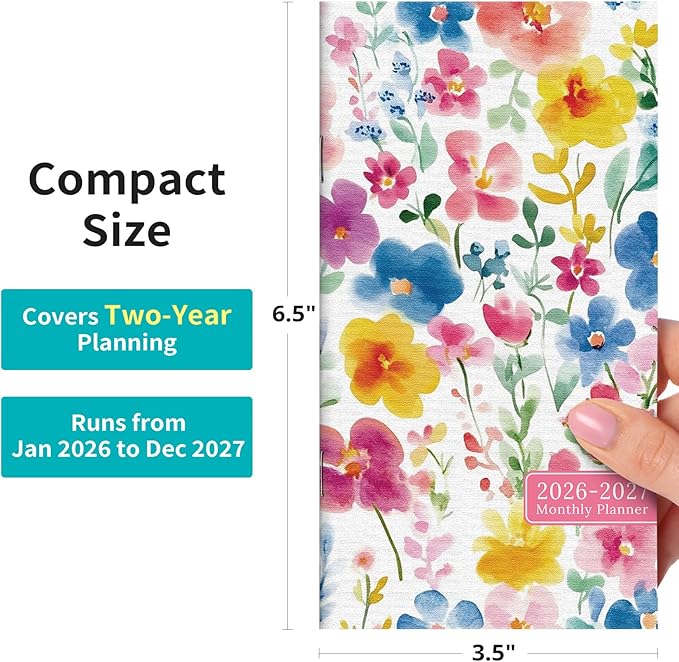 Pocket Calendar 2026-2027 for Purse, Two Year Monthly Planner Pocket Size 6.5" x 3.5", Jan 2026 - Dec 2027 Monthly Planner Small Calendar for School, Work and Home - Bloom Floral