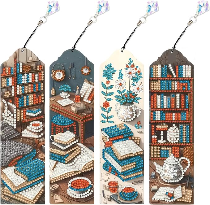 Book Diamond Art Bookmarks for Adults, 4 PCS Book Diamond Painting Bookmarks with Pendant, 5d Gem Art, Acrylic Bookmark Easy DIY Crafts for Books Decor Gift