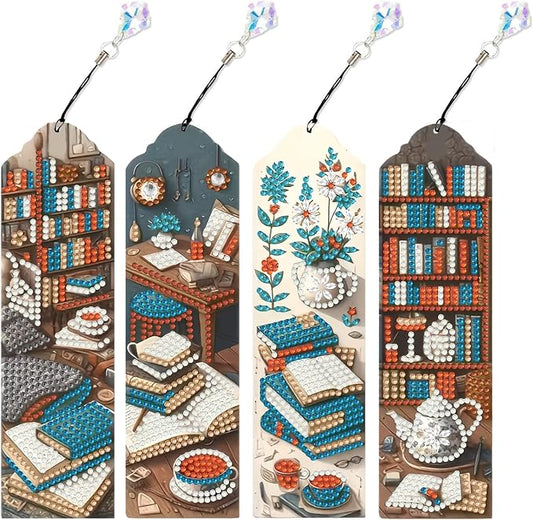 Book Diamond Art Bookmarks for Adults, 4 PCS Book Diamond Painting Bookmarks with Pendant, 5d Gem Art, Acrylic Bookmark Easy DIY Crafts for Books Decor Gift