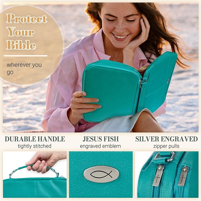 Christian Art Gifts Inspirational Vegan Leather Two-fold Organizer Bible Cover for Women, Jesus Fish Badge, Sturdy Carry Handle, Pen Loops, Pockets, Pen/Highlighter Combo & Notepad, Turquoise, Medium