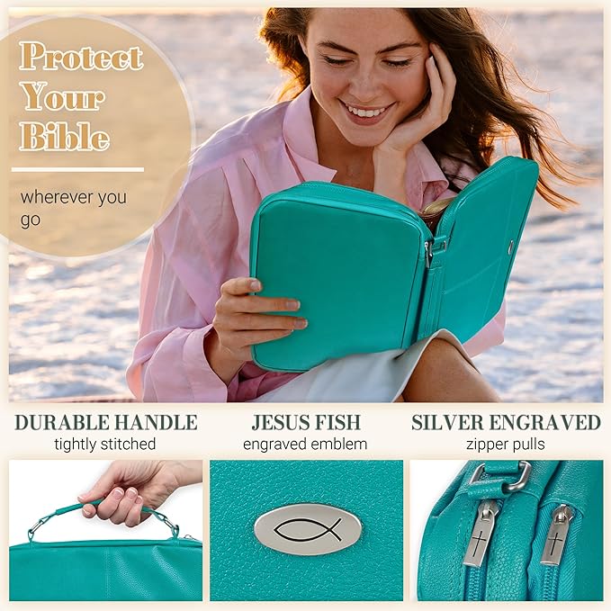 Christian Art Gifts Inspirational Vegan Leather Two-fold Organizer Bible Cover for Women, Jesus Fish Badge, Sturdy Carry Handle, Pen Loops, Pockets, Pen/Highlighter Combo & Notepad, Turquoise, XL