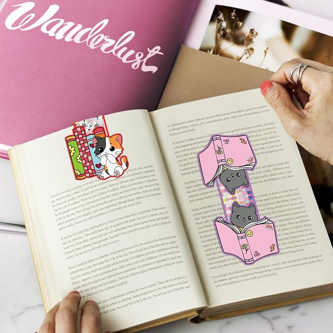 Cat Magnetic Bookmarks, 12 Pcs Cute Kawaii Cat Book Markers Page Clips, Office Desk Accessories for Women Book Lovers