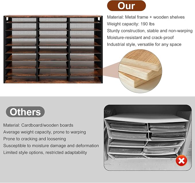 TQVAI 27 Compartments Desktop Literature Organizer, Metal Frame Paper Sorter with Handles, Heavy Duty Mailbox for Classroom and Office, Wood File Organizer for Document, Bill, Magazine, Antique Brown