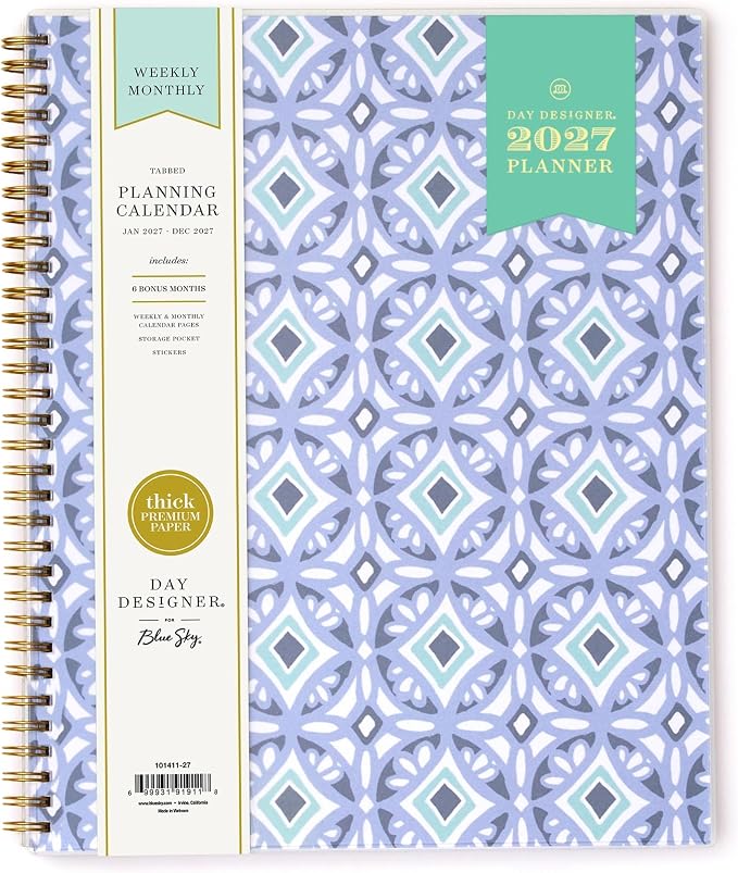 Blue Sky Day Designer 2027 Weekly and Monthly Planner Calendar, January 2027 - December 2027, 8.5" x 11", Flexible Cover, Durable Twin Wire Binding, Storage Pocket, Includes Stickers, Tile