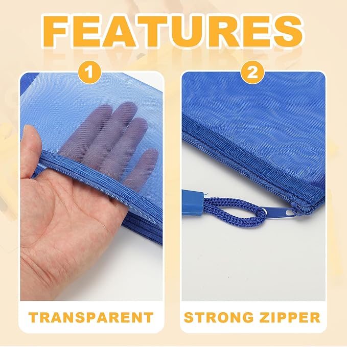 PATIKIL B6 Mesh Zipper Pouch Bags, 5 PCS Mesh Bags with Zipper Plastic Storage Pocket for Organizing File Beads Office Home Supplies, 11.5x23cm, Blue