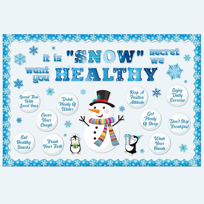 71 Pcs Winter Health Bulletin Board Decorations Set Winter Christmas Classroom Decor Snowman Snowflake Accents Healthy Habits Paper Cutouts for School Wall Decoration Supplies