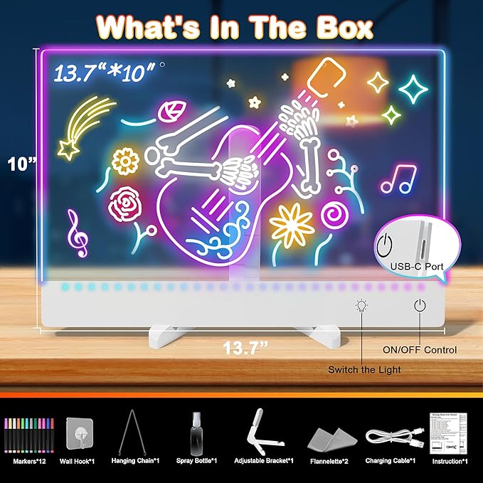 Rechargeable Lumi LED Drawing Board with 12 Markers,13.7"x10"LED Note Board Acrylic Dry Erase Board with 7 Colors Light, Doodle Glow Message Board for Birthday Halloween Christmas Gifts(White)