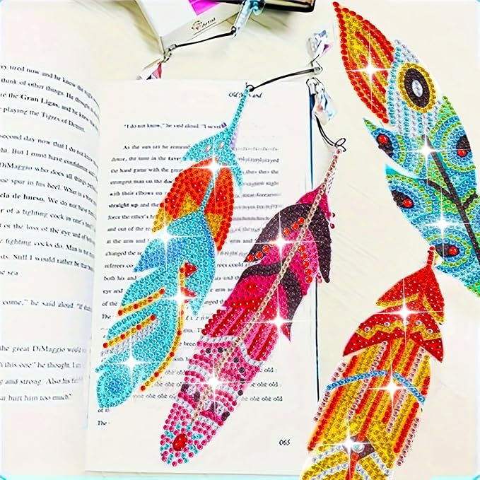 12 Pcs Diamond Painting Bookmark, Crystal DIY Book Makers for Book Lovers, Diamond Art Beginners, Small Diamond Art Kits with Pendant, Paint by Art Crafts Gift for Women Girls (Feather)