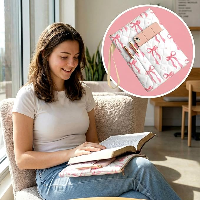 Gilprop Bible Book Sleeve with Zipper 11" x 9" Padded Protector Washable Quilted Book Covers Pink Bow Printed Bible Pouch with Handle Pockets Protector for Books Lover Christian Gifts