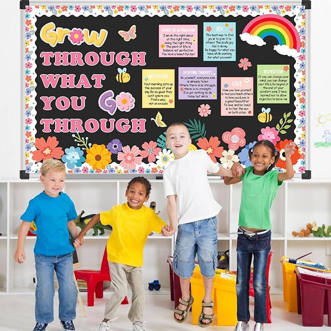 Spring Bulletin Board Decorations Positive Flower Bee Butterfly Paper Cutouts Motivational Grow Through What You Go Through Bulletin Board Set for School Classroom Chalkboard Wall Decoration Favor