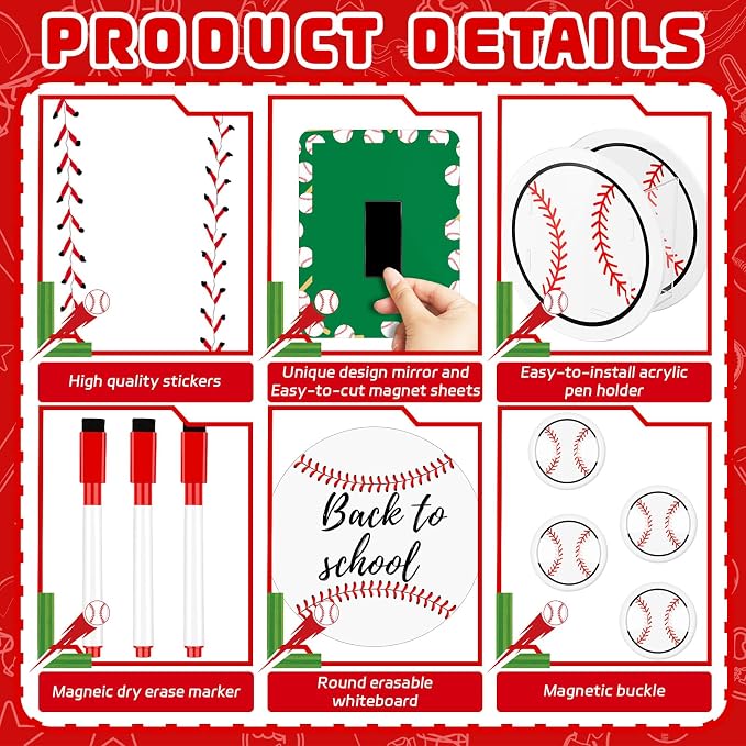 Demonwer 12 Pcs Locker Accessories Kit Baseball Themed Magnetic Whiteboard Mirror Pen Holder Baseball Stickers for Back to School Essentials Locker Decorations