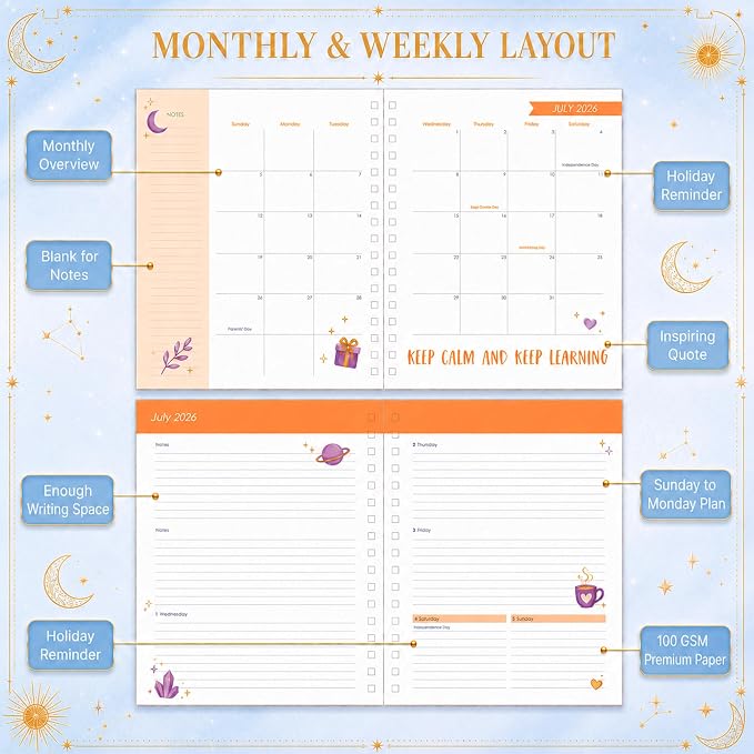 CAGIE Planner 2026-2027 18 Month July 2026-Dec 2027 Weekly and Monthly Calendar Planners Yearly Daily Hardcover 26-27 Planner for Women with Stickers Tabs Spiral Bound Agenda, Blue, 8.3"x9.1