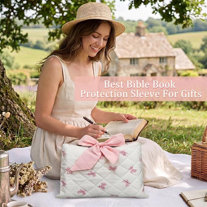 Honoson Quilted Bow Bible Sleeve Cover Case Padded Protector Washable Bible Bag Pouch Christian Gift for Women Girls Book Lover Gifts(Pink Bow)