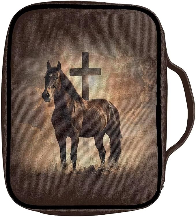 Suobstales Cross Horse Print Bible Covers for Women Men Bible Case Bible Bag Bible Accessories with Handle and Zippered Pocket Bible Tote Bag for Women Men