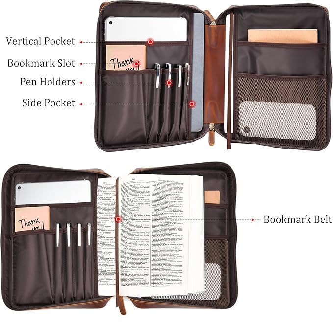 Polare Cowhide Leather Bible Cover Church Bag Bible Protective Book Holder Carrying Case Folder Organizer Portfolio (Brown)