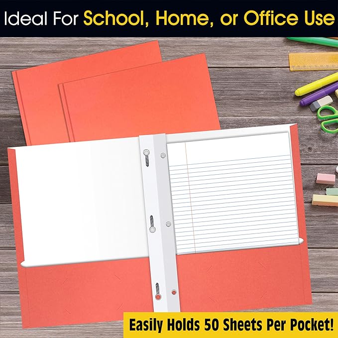 2 Pocket Portfolio Folders with Prongs (Metal Fastener Clips), 25 Pack, Cool Trendy Colors, Fits Letter Size Paper, for School, Office, Home, Matte Finish (Tropical Coral)