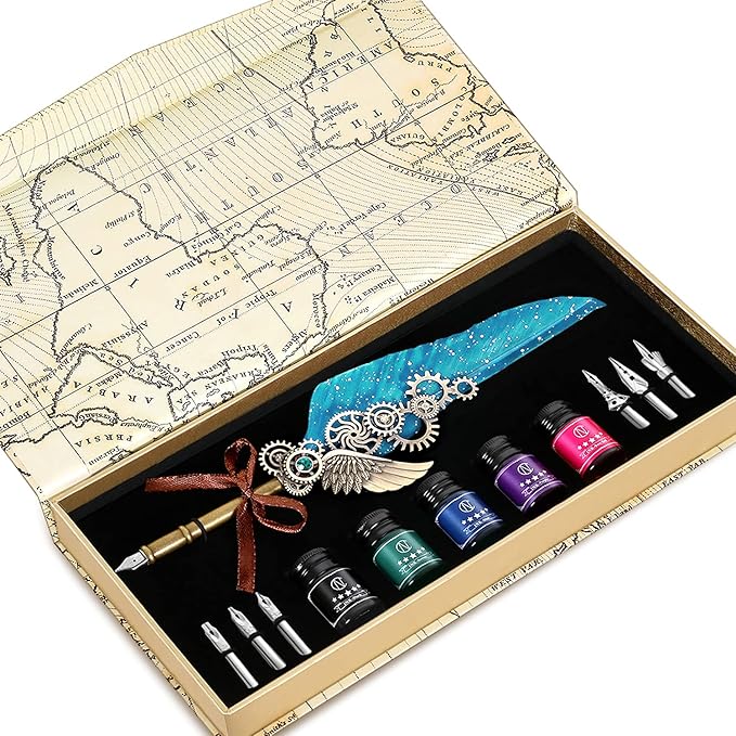 NC Quill Pen Ink Set Includes 5 Bottles of Ink and 6 Replaceable Stainless Steel Nibs, Feather Pen for Writing, Signing Invitations Etc. (Sky Blue)