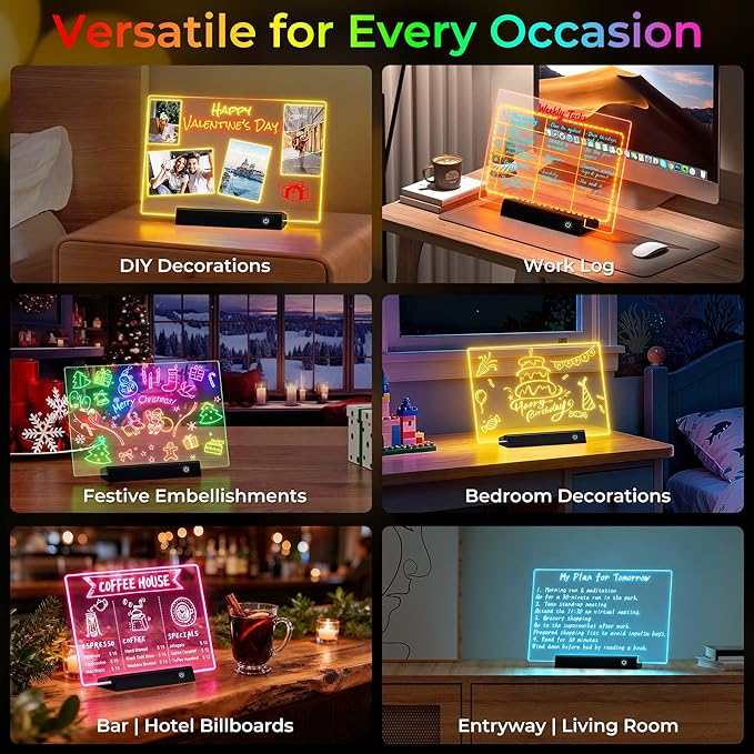 Rechargeable 11.8”×7.9” Glow Doodle LED Note Board with Colors,2 Modes&7 Colors with Remote Control,LED Drawing Board for Office/Café/Home Decor&Message,Birthday/Easter/Holiday Gifts,Black