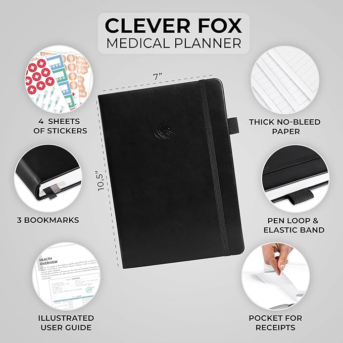 Clever Fox Large Medical Planner 12-Month – Medical Notebook, Health Diary, Wellness Journal to Track Health – 12 Months, 7x10.5″ (Black)