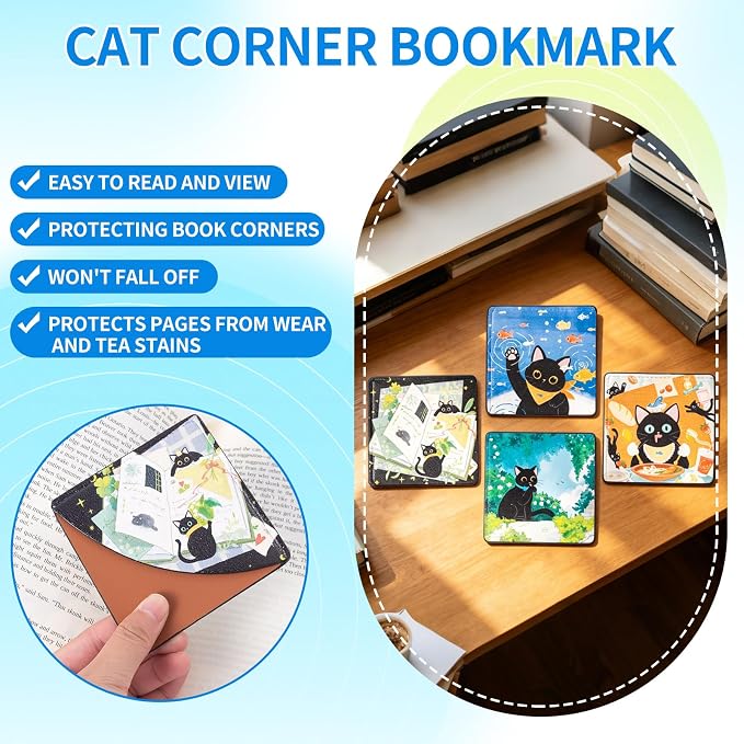 4Pack Bookmarks Cute Black Cat Themed Corner Page Markers Rural Style Artificial Leather Book Page Holders for Reading,Teachers Students Book School Office Accessories
