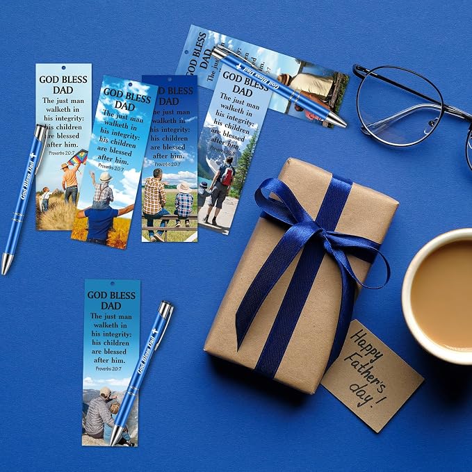 Dispowreath 24 Pcs/12 Sets Father's Day Christian Gift, God Bless Dad Bookmark Church Gift Include 12 Proverbs 20: 7 Bookmark 12 Religious Bible Verse Ballpoint Pen for Men Church Prizes Party Favors