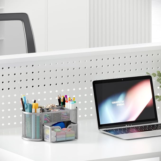 EasyPAG Mesh Pen Holder Desk Organizer with Drawer Stationery Supplies Organizer for Dorm School 9 Compartments Workspace Desk Accessories Organization for Office, Silver